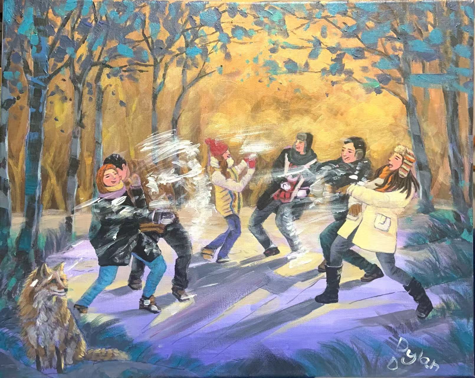 Friendship in Colour — acrylic painting of friends in a snowball fight under golden light, with a fox watching, Dylan Duan