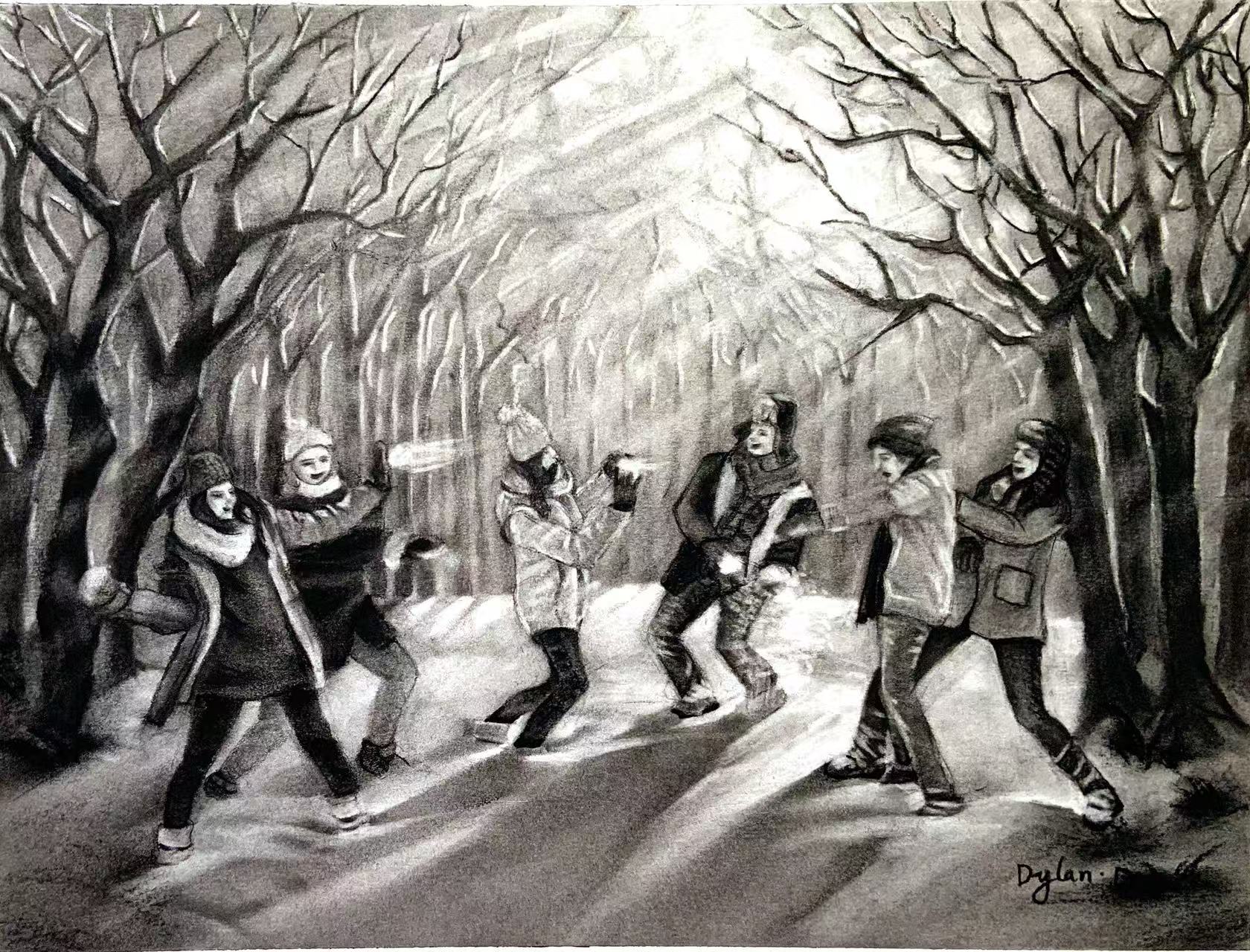 A Door to Friendship — charcoal drawing of friends in a snowball fight beneath bare winter trees, Dylan Duan