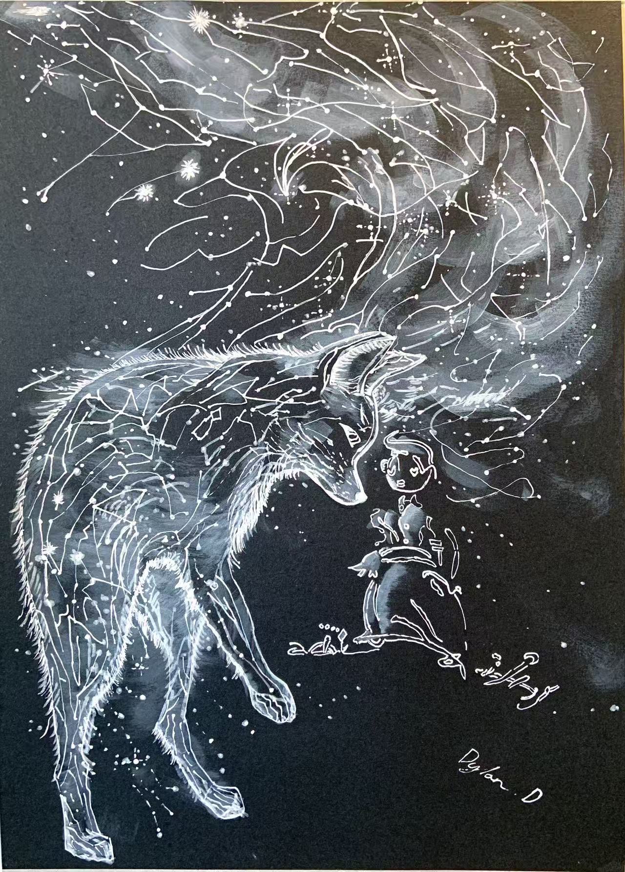 Recurrence Between Two Best Friends — white ink on black paper by Dylan Duan